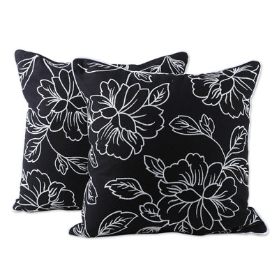 Novica Handmade Primaveral Midnight Embroidered Cotton Cushion Covers (Pair)
