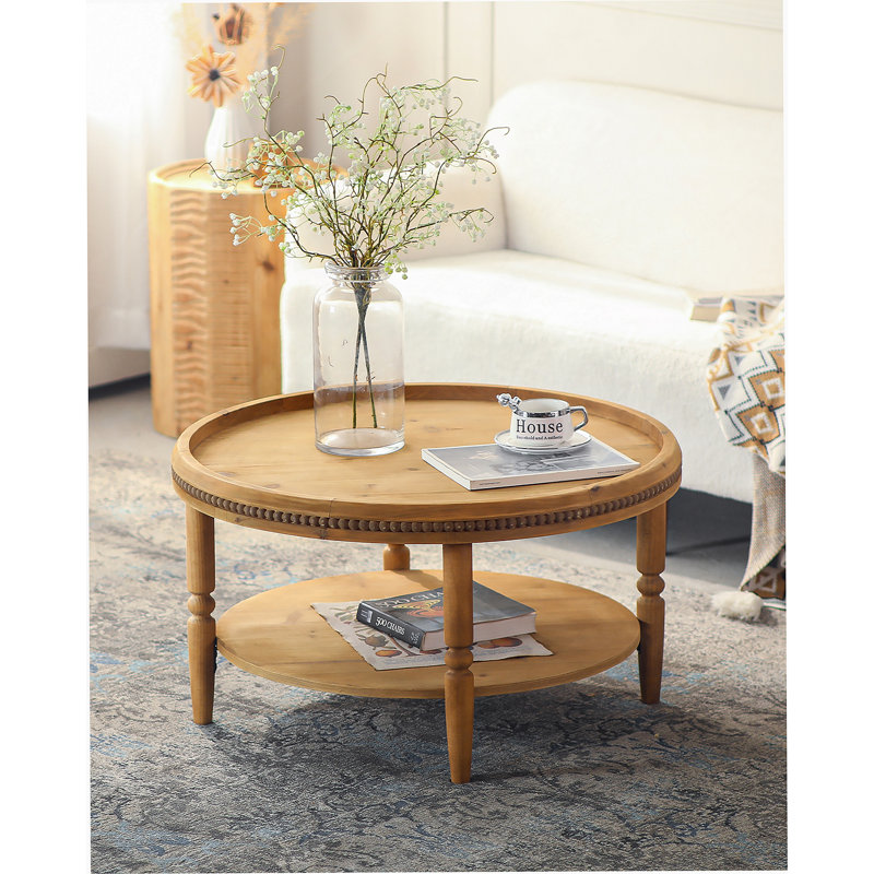 Table basse ronde Boho avec tablette de rangement et garniture perlée, table d'appoint à 2 niveaux pour un salon confortable et fonctionnel