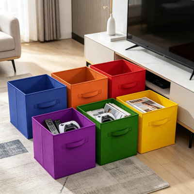 Ensemble de 6 cubes de rangement en tissu de 13 pouces, bacs pliables robustes avec poignées, paniers pliables pour organiser les vêtements, jouets, livres, tablettes, placards, chambre d'enfant, arc-en-ciel