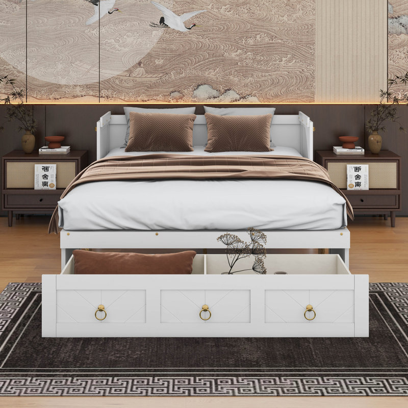 Lit escamotable avec port USB et grand tiroir, Blanc, Double