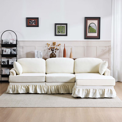103.15" White Chenille Cloud Sectional Sofa With Removable Ruffled Skirt, Flared Arms & Ottoman, 4-Seat L-Shape Fabric Sofa For Living Room & Bedroom
