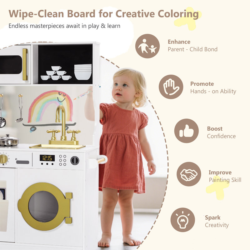 Wooden Play Kitchen Set for Kids with Sink, Freezer, Ice Maker, Washing Machine & Accessories Large Storage & Realistic Features