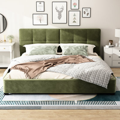 Très grand lit tapissier en velours de très grande taille de couleur olive, tête de lit incurvée, carré - symétrie, 12 lattes en bois et support central, inclinaison confortable, tissu plateforme sans sommier, conception symétrique,