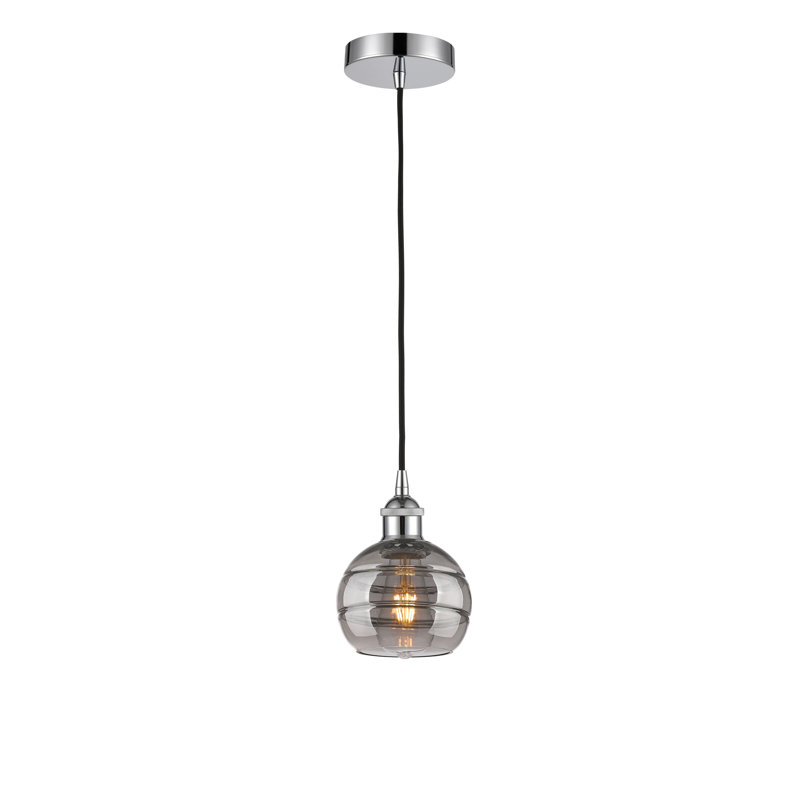 Edison Bienes 1 Light Cord Hung Pendant-616-G556, Light Smoke, Polished Chrome, 7.88" H x 5.88" W x 5.88" D