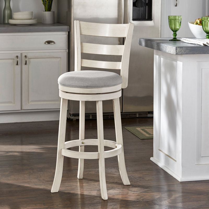 Tabouret de bar et de comptoir pivotant Adelynn, Blanc antique, Lin gris, Tabouret de bar (hauteur de siège de 29,96 po)