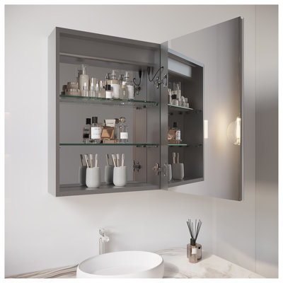 26" H x 20" W Recessed LED Bathroom Medicine Cabinet with Anti-Fog Mirror and Touch Control, Silver Aluminum