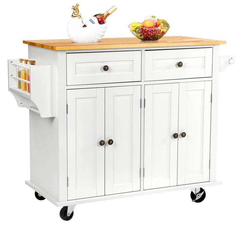43.3'' Wide Rolling Kitchen Island with Storage and Solid Wood Top, White
