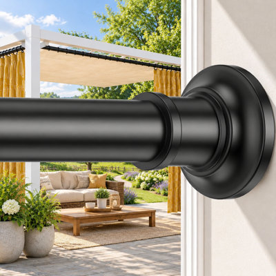 A black heavy-duty outdoor shower curtain spring-tension rod adjustable from 30-100 inch with a 1.1 inch thick diameter; the no-drill, no-rust design is intended for patios, bathrooms, and windows.
