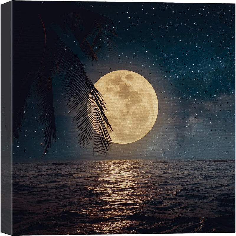 Moon " Harvest Moon Nighttime Tropical Ocean Horizon ", 24" H x 24" W x 1.5" D
