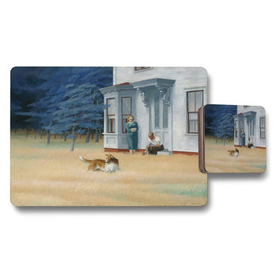 Vintage House Scene Placemat and Coaster Set with Dog Painting