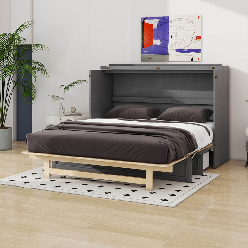 Murphy Bed With Large Drawers, Gray, Queen