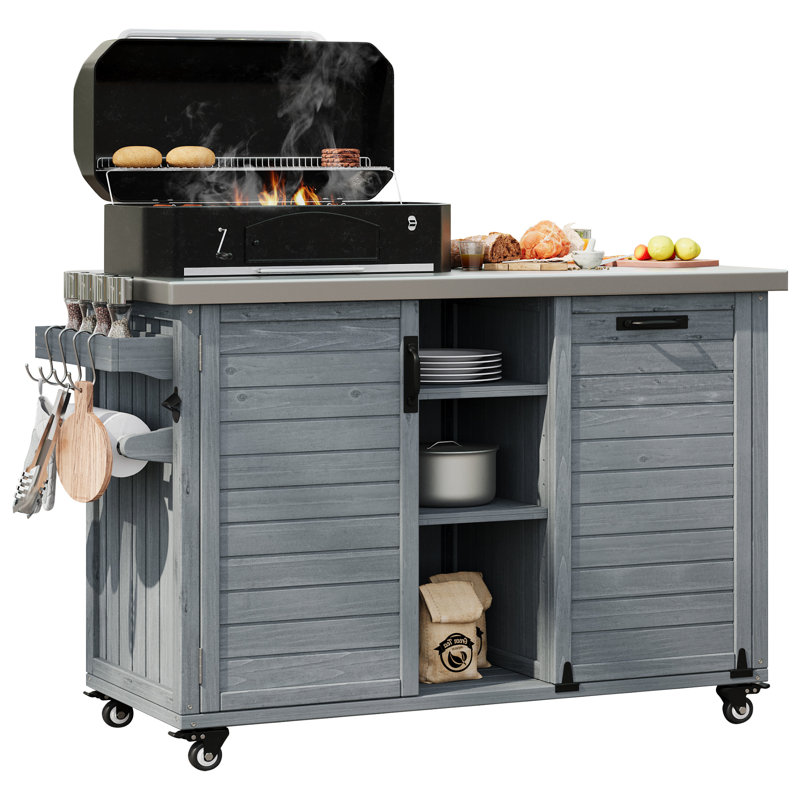 Table de préparation d'extérieur pour îlot de cuisine en bois massif avec table pliable et armoire à ordures, Gris te bleu