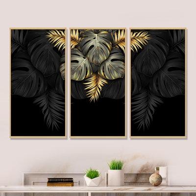 «Black and Gold Tropical Leaves IV», reproduction de cadre flottant 3 pièces sur toile