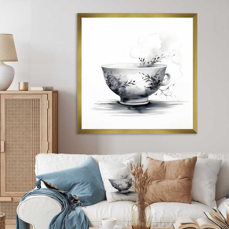 Thé chinois noir et blanc Elegance II - art mural chinois, Cadre doré simple, H 16 po x l 16 po x P 1 po