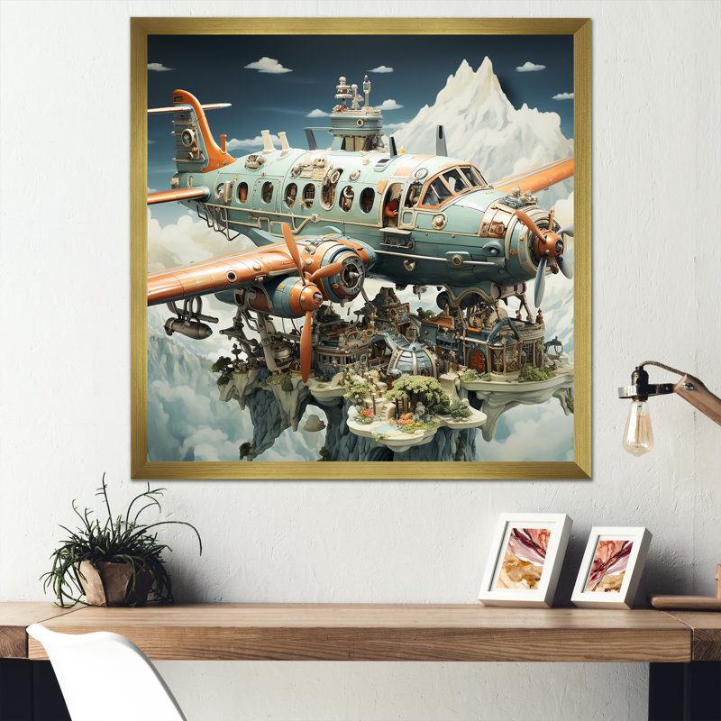 Avion surréel dans la jungle - art mural avion, Encadrement doré, H 30 po x l 30 po x P 1,5 po