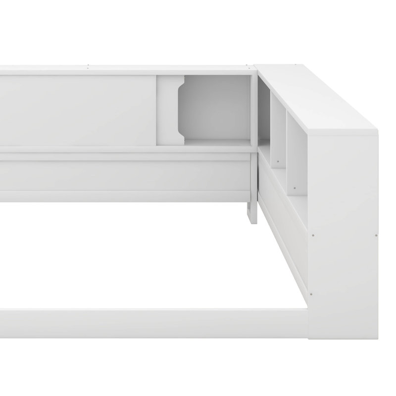 Lit de jour en L pour grand lit en bois avec tablettes de rangement, cadre de lit d'angle peu encombrant avec station de charge et lumières DEL