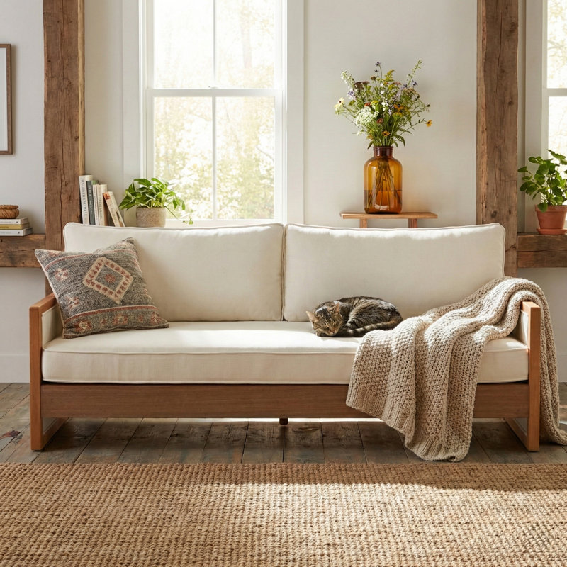 Canapé 3 places moderne en chenille avec cadre ouvert, Beige