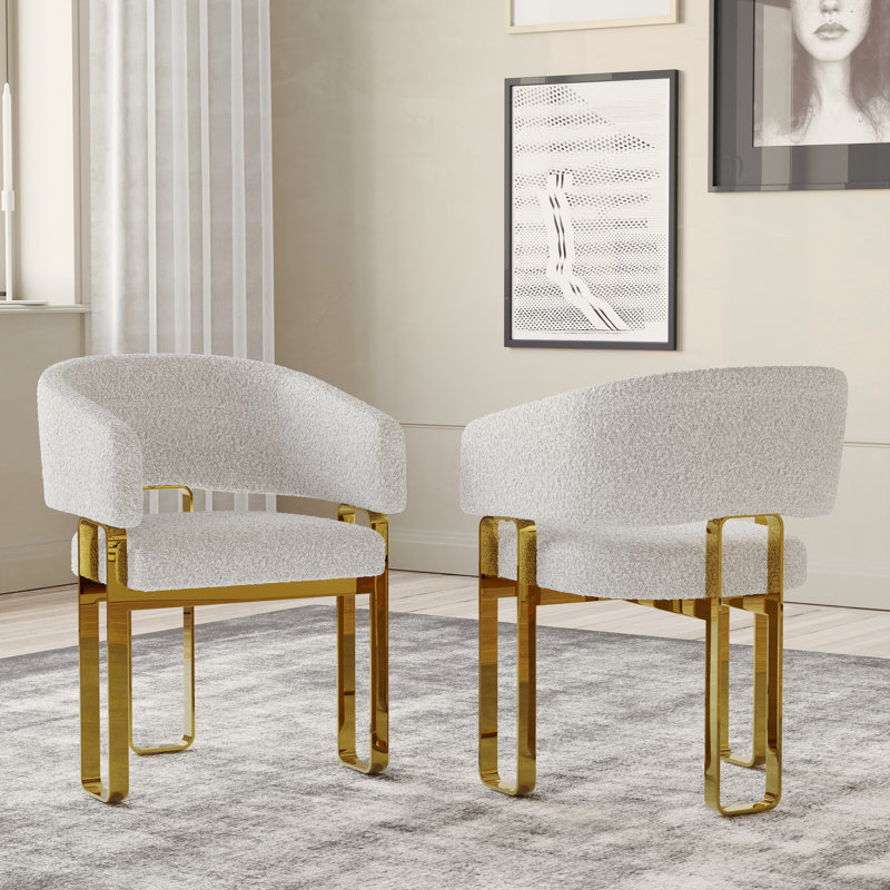 Boucle Barrel Dining Side Chairs With Arms, Gold, White
