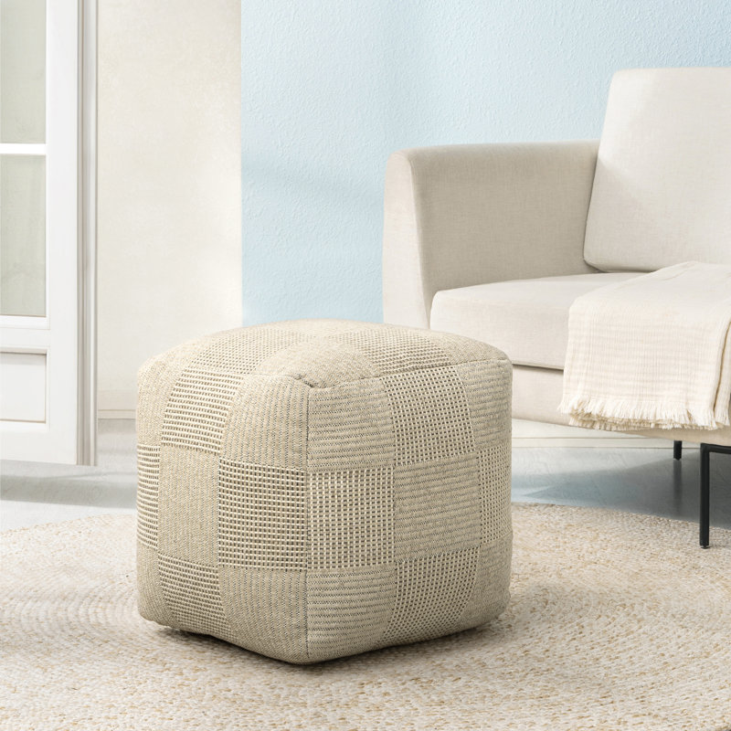 Marta 20" Cream Checkered Upholstered Pouf Ottoman, Beige