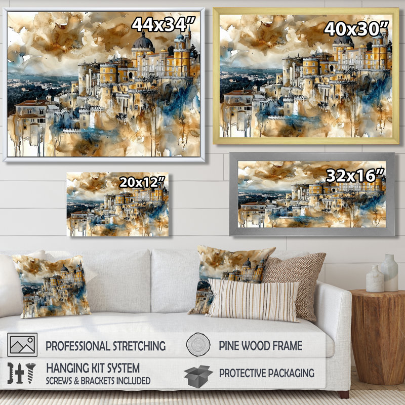 Aquarelle, Palais de Pena au Portugal I - Portugal, art mural, 12" H x 20" W, Cadre flottant doré