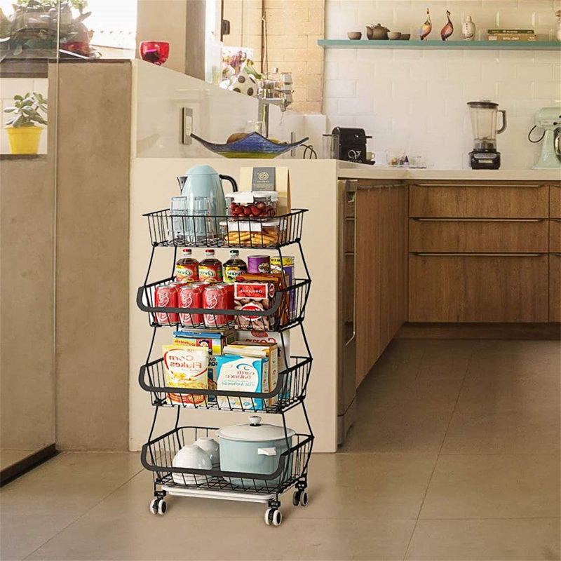 Panier de rangement pour fruits et légumes, chariot de cuisine avec roulettes, îlot, chariot à café