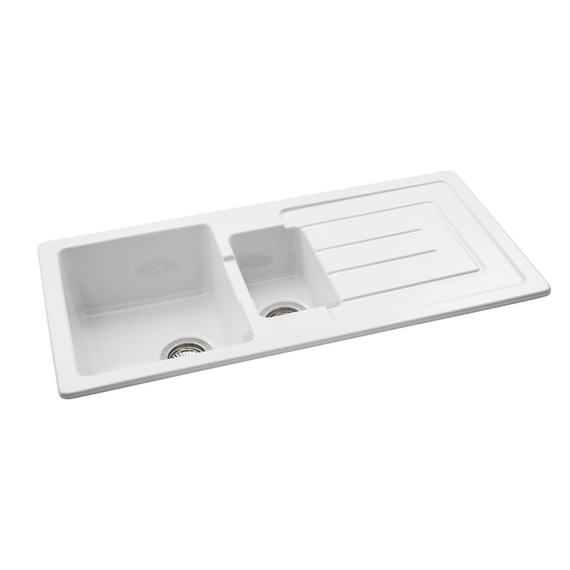 Abode Designs 500mm W Double Bowl Ceramic Drop-In Kitchen Sink with 2 Faucet Holes