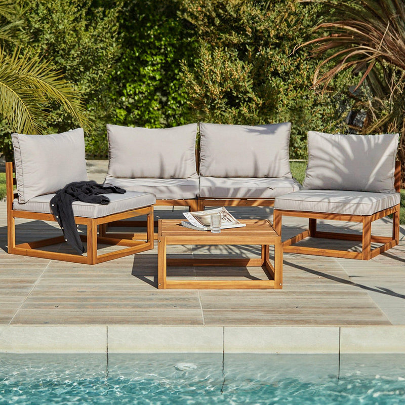 Rimasha Wooden Garden Set with 2 Seater Sofa - 2 Chairs with Coffee Table, Beige