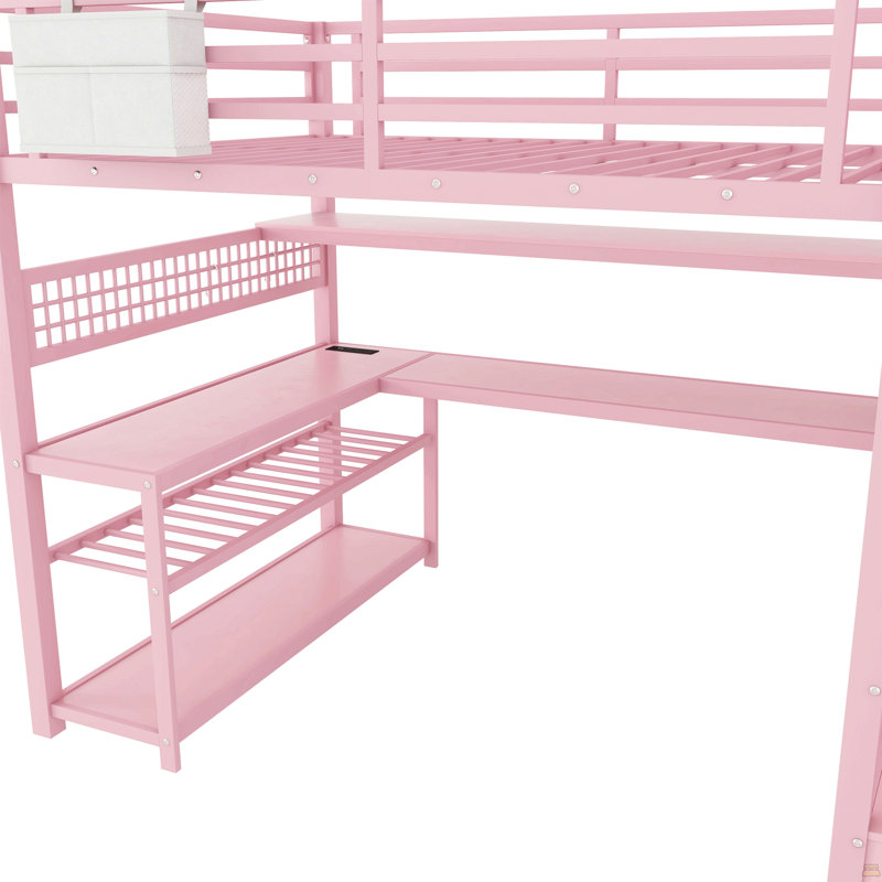 Lit mezzanine double avec escalier et garde-robe, lit mezzanine en métal avec bureau, tablettes de rangement, Rose