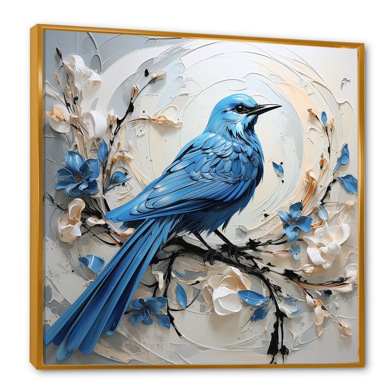 Oiseau bleu minimalisme blanc et fleurs bleues, reproduction sur toile, H 16 po x l 16 po x P 1 po, Or