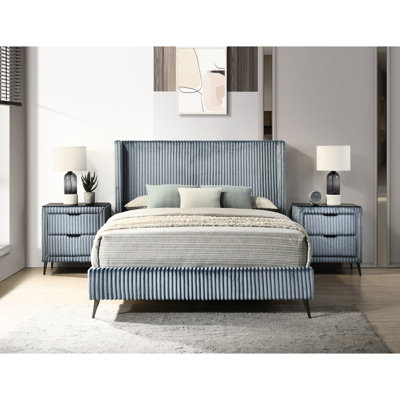 Ensemble de chambre à coucher grand bleu en velours côtelé avec 2 tables de chevet fonctionnelles et mobilier moderne à texture chaleureuse