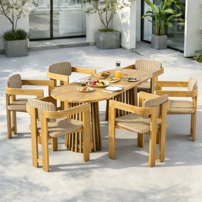 Ensemble repas d'extérieur en bois d'acacia 6 personnes avec rotin tissé à la main Coralia, 6