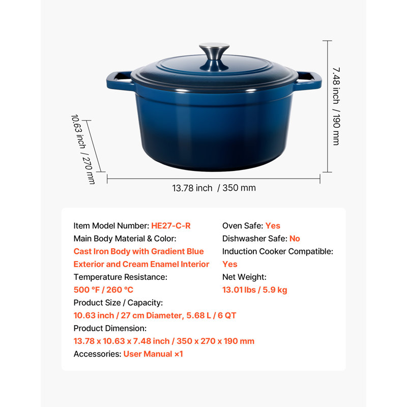 Batterie de cuisine robuste en fonte émaillée avec poignées de couvercle bleu 6 pte, Bleu