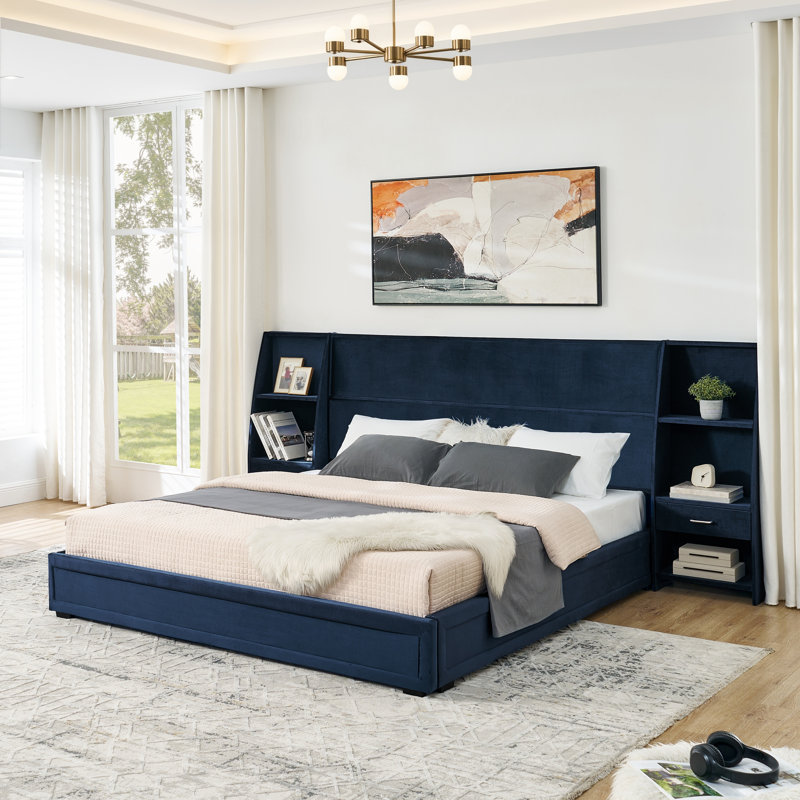 Très grand lit plateforme très grand avec rangement bleu foncé, tête de lit en velours brillant avec bibliothèques latérales et tiroir, matelas non inclus