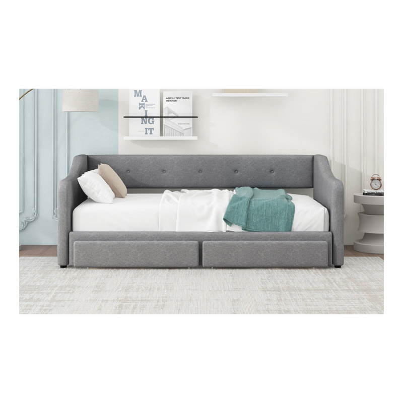 Twin XL To King Size Upholstered Daybed With Two Drawers, Grey