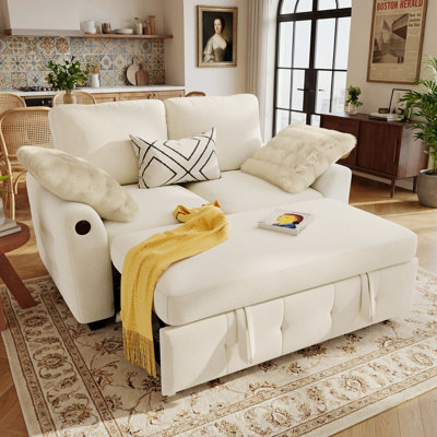 Malm 59" Upholstered Chenille Sleeper Sofa with Pull Out Bed and USB Charging