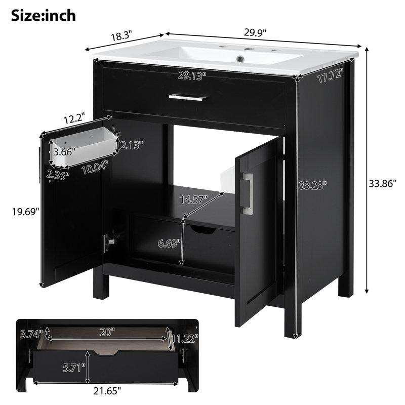 Meuble-lavabo simple 30 po avec comptoir en céramique Camare, Noir