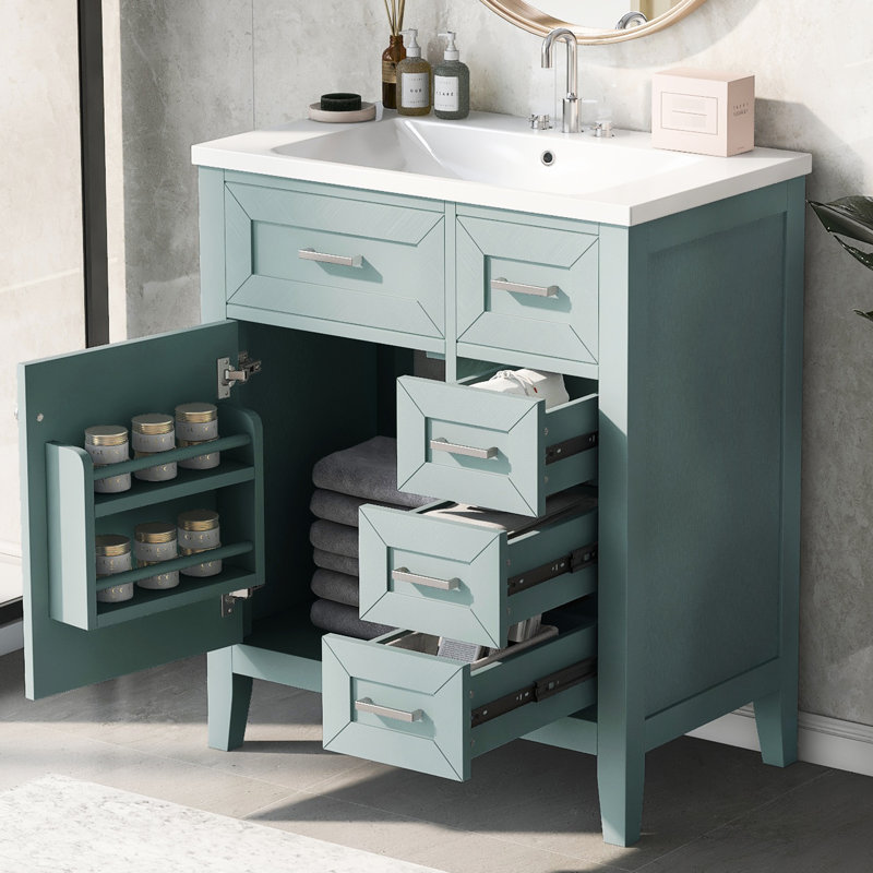 Meuble-lavabo de salle de bain 30 po - Armoire avec tiroir et lavabo, quincaillerie moderne incluse, Vert