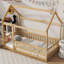 Lit simple en bois avec structure de toit et garde-corps, finition naturelle pour chambre d'enfant-309242032-309242035