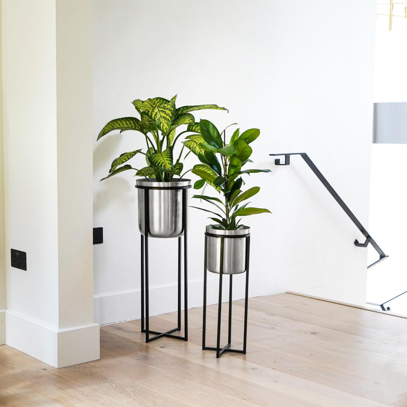 Metal Pot Planter, 78cm H x 29cm W x 29cm D, Black/Pewter