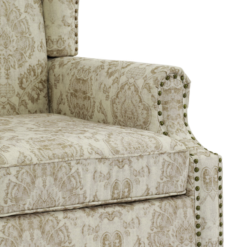 Duward Damask White Floral Upholstered Wingback Accent Chair with Nailhead Trim, Damask White 