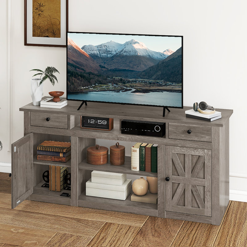 Meuble télé avec 2 tiroirs et station de charge Kavita , L 70 po, Bois gris