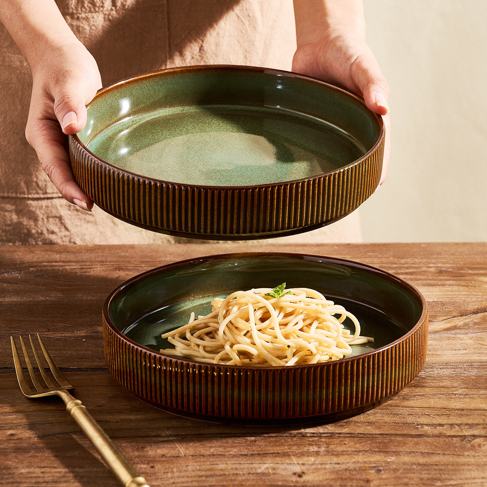 Stoneware Pasta Bowl, Moss & Cocoa
