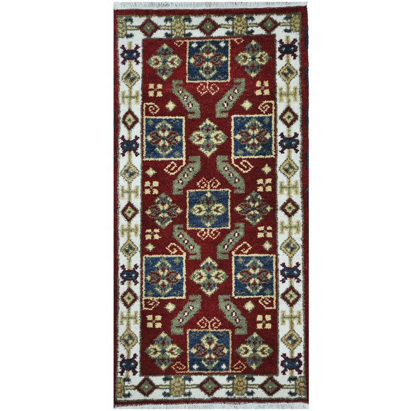 Tapis de zone en laine 2 pi x 4 po one-of-kind à la main noué la kazak