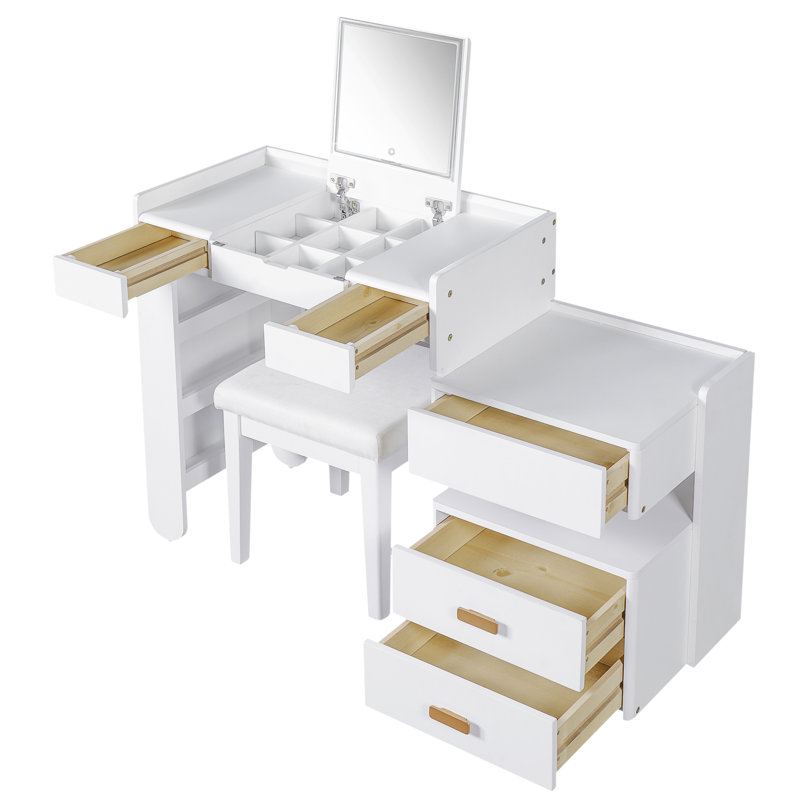3-In-1 Makeup Vanity Desk With Flip-Top Mirror, LED Lighting, Adjustable Length & Ample Drawers - Stylish Multi-Functional Dressing Table For Home, White
