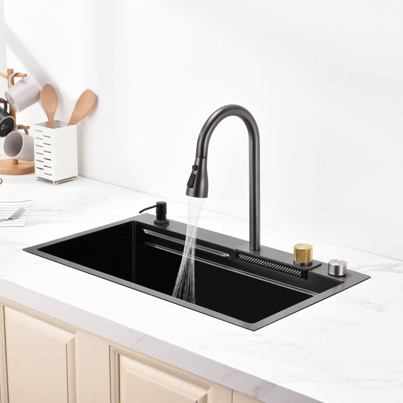 Waterfall Kitchen Sink 30×18″ Black Stainless Steel Single Bowl, Multifunctional Workstation Sink with Flying Rain Faucet & Cutting Board