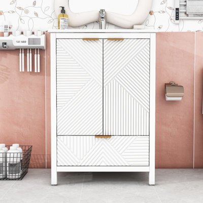 Meuble-lavabo minimaliste avec lavabo en céramique, armoire à panneaux de porte texturée et tiroir de rangement