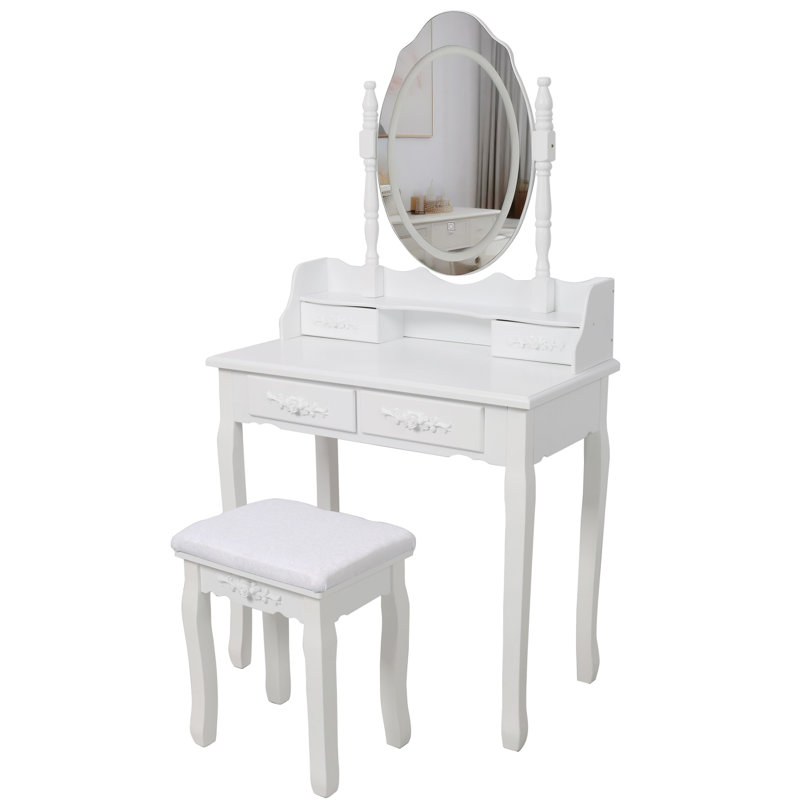 Princess Vanity Desk Set with Mirror & Cushioned Stool, Dressing Table with Ample Storage, Yes, White