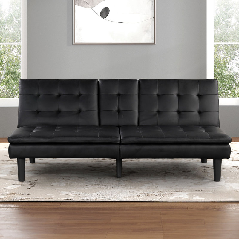 Futon contemporain noir avec capitonnage biscuit, - chargeurs de climatiseur, porte-gobelets et table rabattable, conversion facile au lit, profondeur 2, siège de l 35,5 po x l 71,5 po x H 32 po