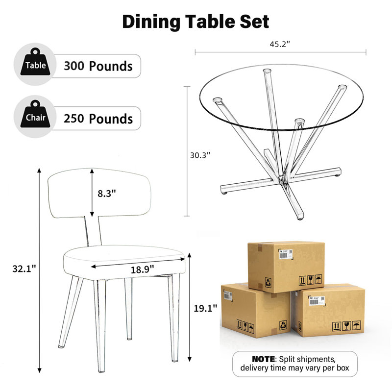 Ensemble de salle à manger Fultz, Ensemble de cinq pièces : table, quatre chaises, White/Silver