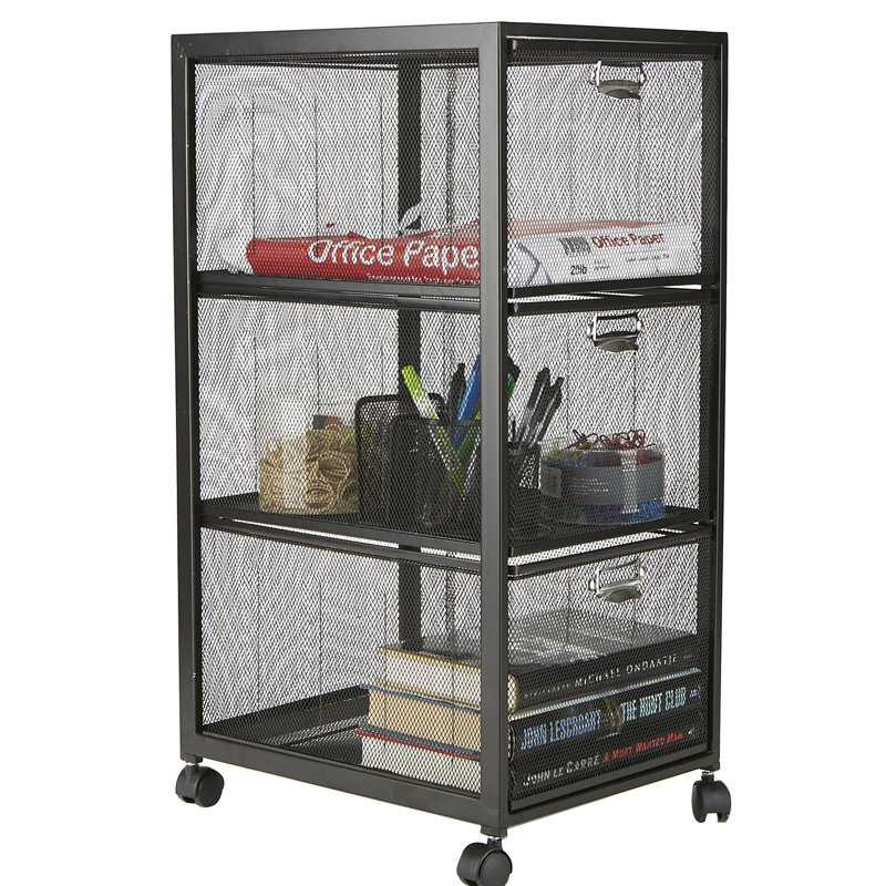 Minimalist Black Metal-Mesh 3-Drawer Mobile Storage Trolley